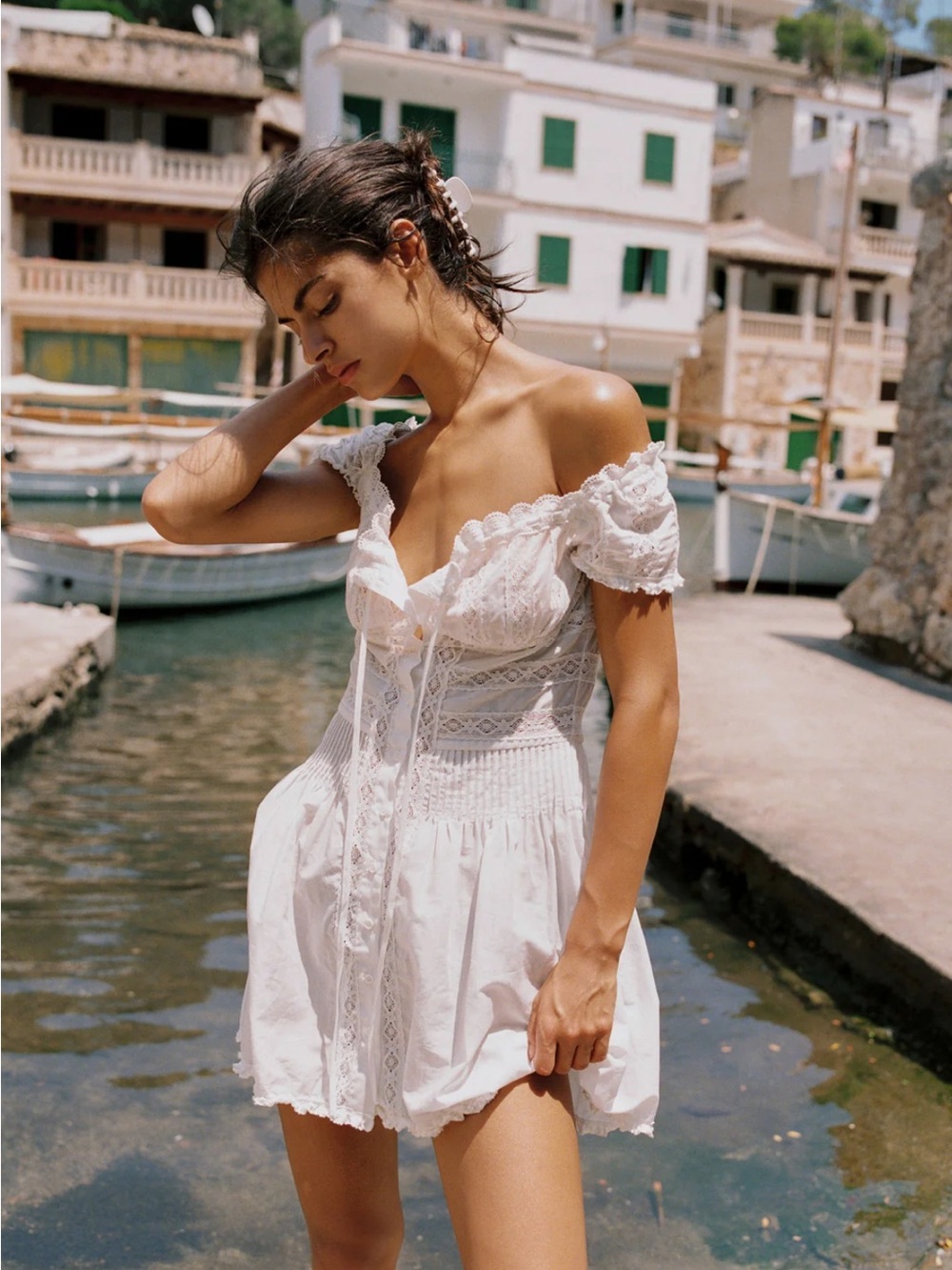 With Jean White Off-Shoulder Lace Beach Coverup